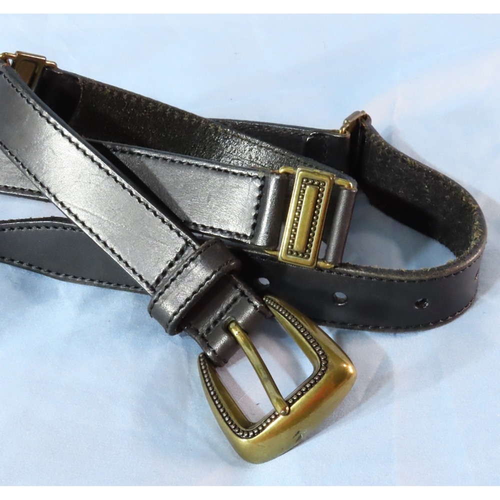 VTG Fossil Black Leather Belt SEGMENTED PANELS LINKS Bronze Hardware 1997 sz L